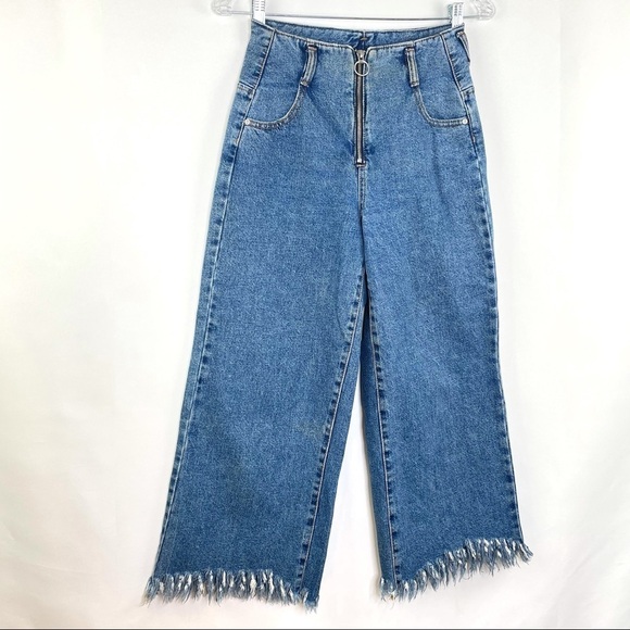 Zara Vintage Style High Waisted Culotte Frayed Hem Blue Denim Jeans Sz 00 - Picture 6 of 10